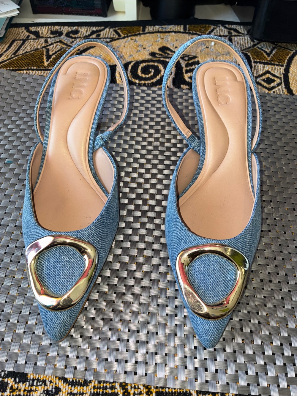 INC International Concepts Denim Slingback Flats with Gold Accent